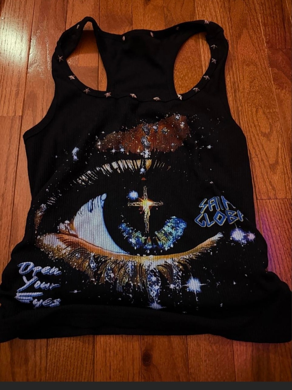 ROMWE Black Graphic Eye Racerback Tank with Gold & Blue Accents